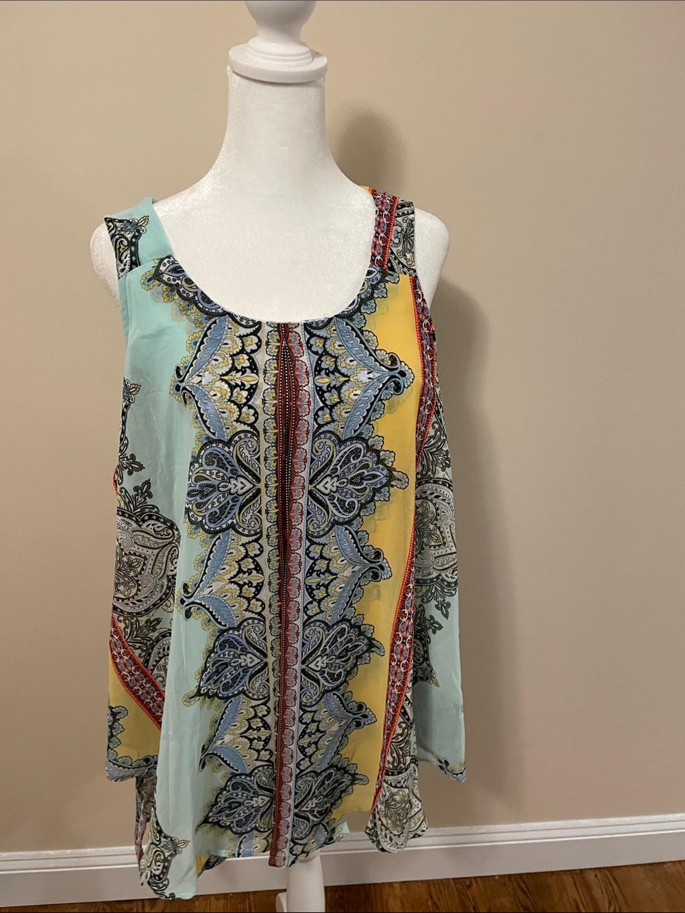 Roz & Ali Paisley Stripe Tank Top in Mint, Yellow & Navy
